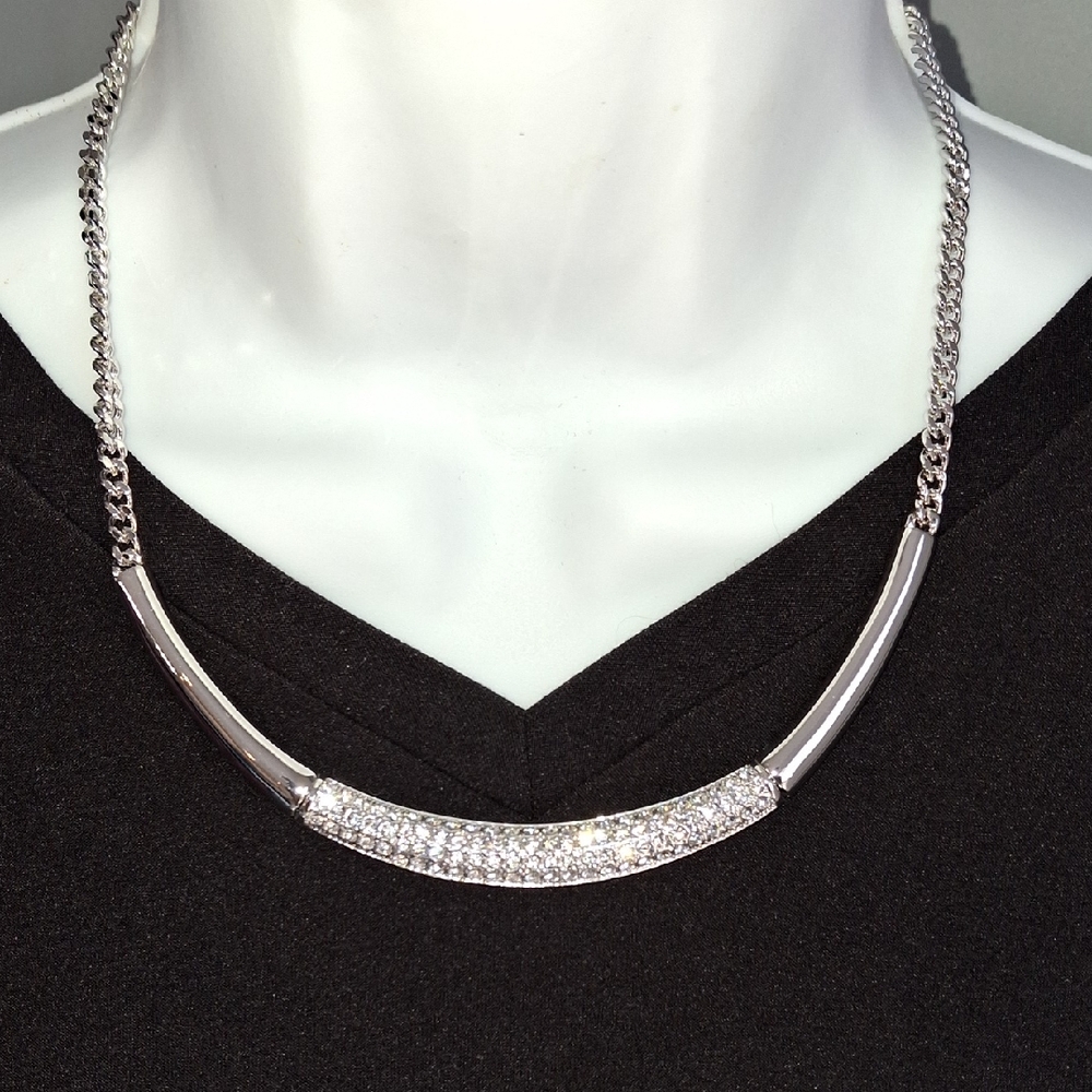 Touchstone Crystal Silver Curved Pavé Bar Necklace
